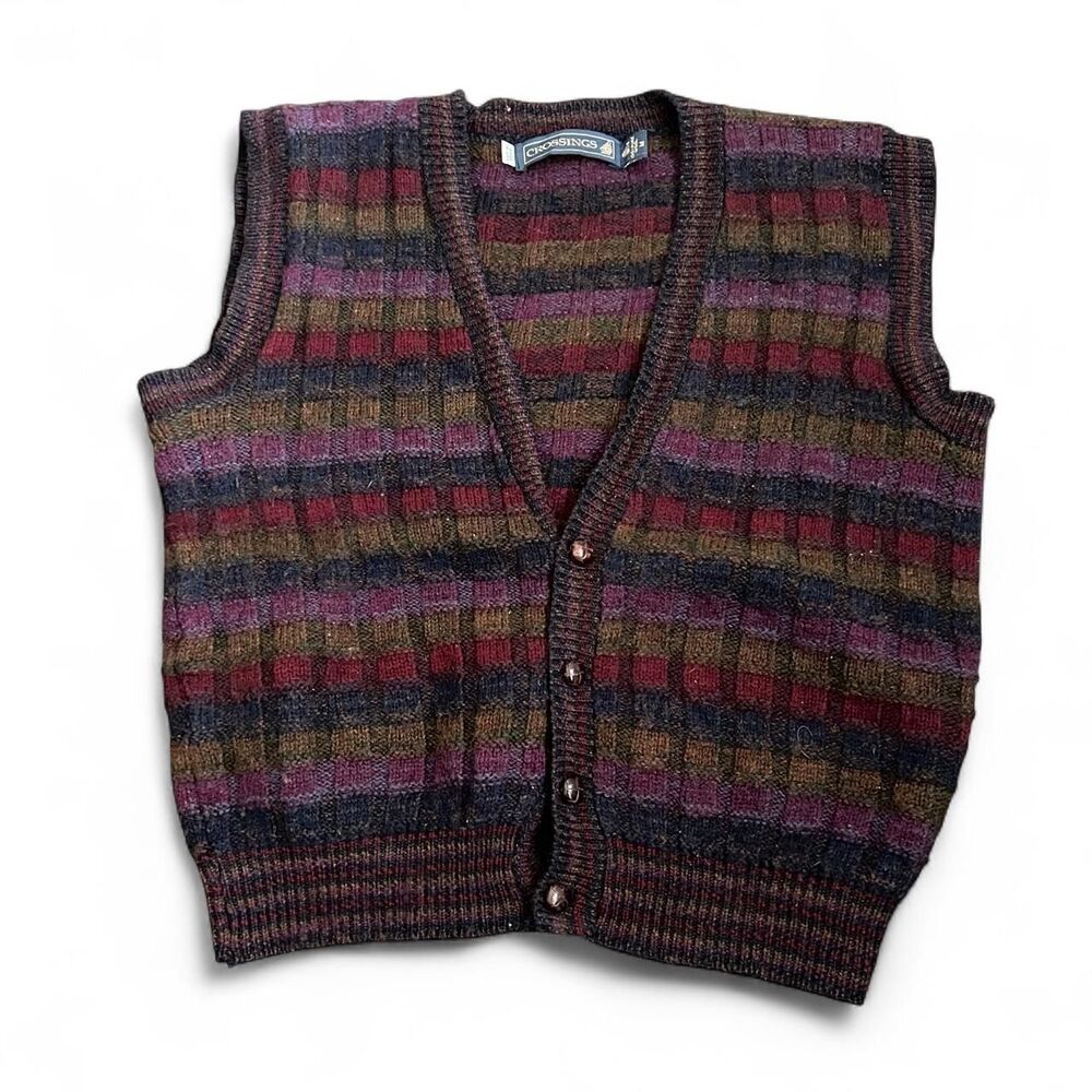 Vintage grandpa core 90s 100% wool sweater vest with horizontal stripes